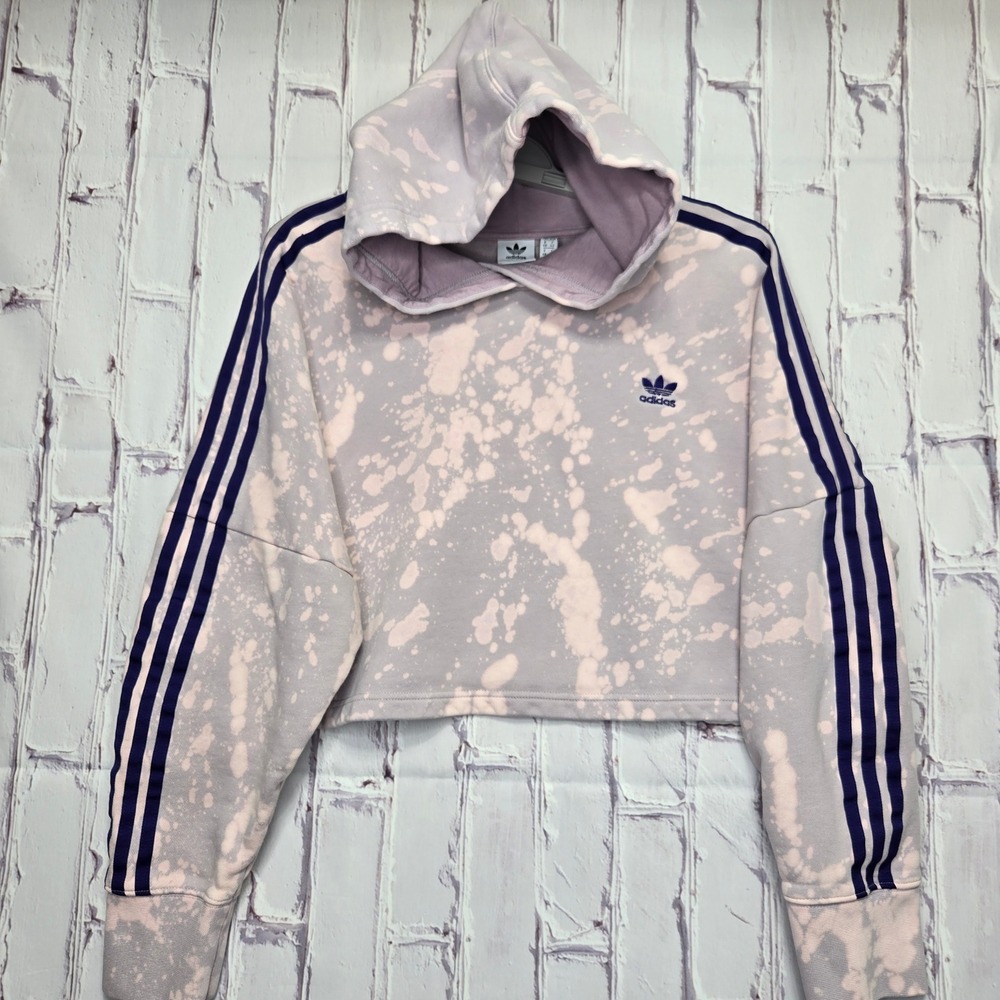 Adidas Originals Women Purple Bleach Splatter Cropped Hoodie Trefoil Medium M